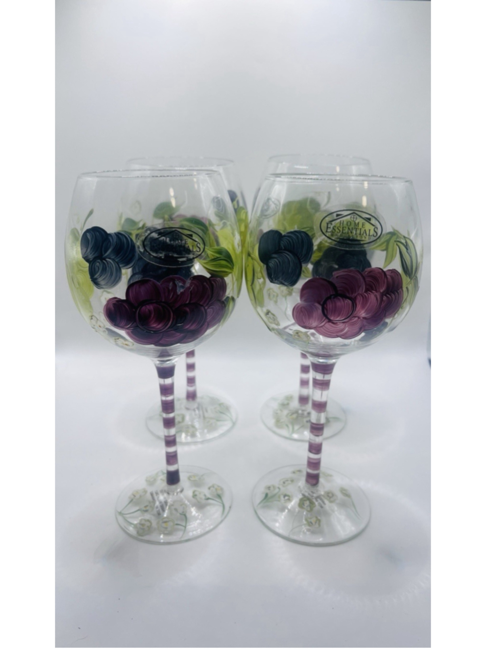 Home Essentials Hand Painted Wine Glasses ~ Set of 4 ~ Grape Flower Purple Green